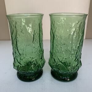 2 MCM Anchor Hocking Green Rainflower Textured Glass Tumblers 5.25" Footed 12 oz